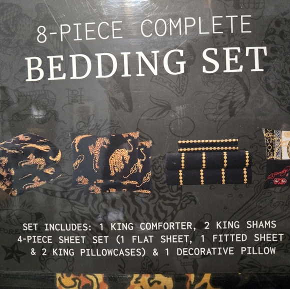 Rare Ed Hardy Crouching Tiger Tattoo KING 8 Pc Bedding Set - Picture 3 of 15